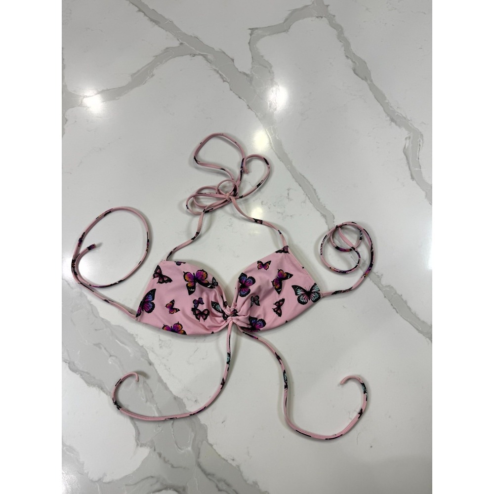 White Fox Swimwear Bikini Top Womens XS Pink Butterfly Print Nylon Stretch Beach